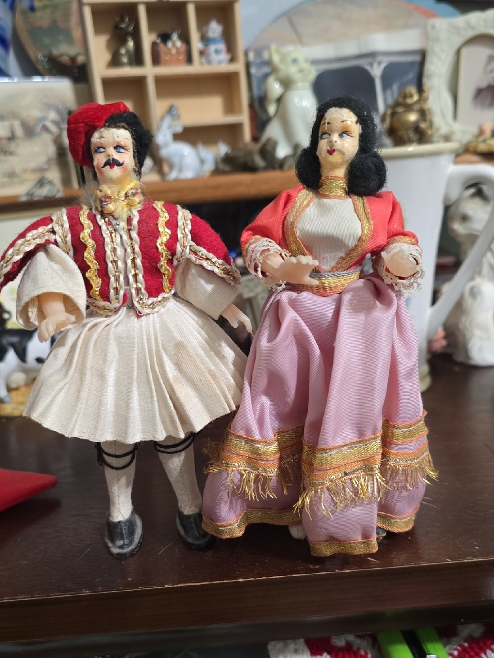 Vintage Pair of Greek Handcrafted Dress Dolls in Red, Pink, Cream